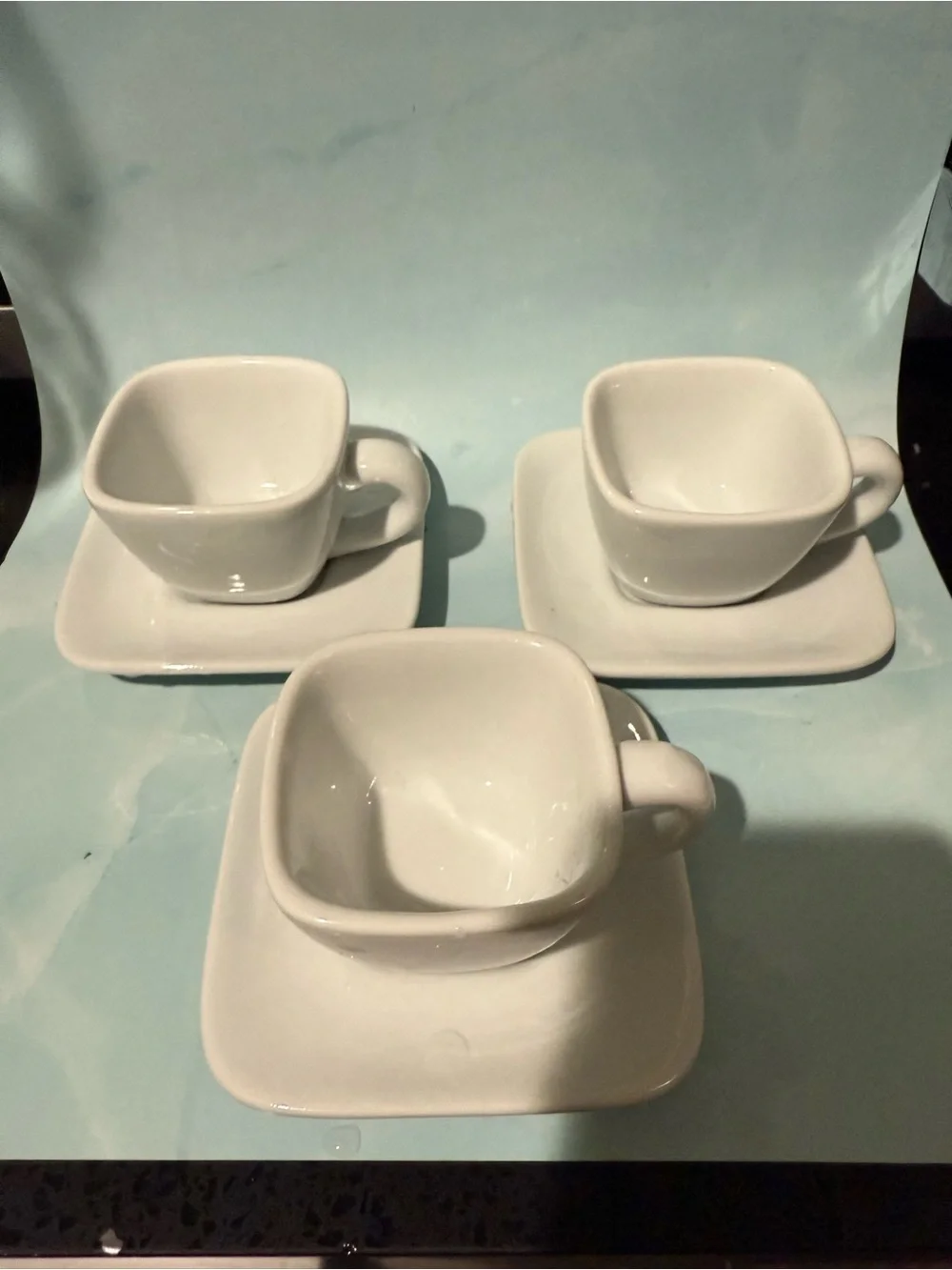 Crate & Barrel White Square Ceramic Coffee Cup and Saucer Set - 3 Piece